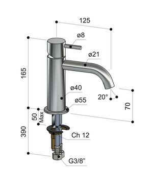 Edelstahl-Waschtischmischer W40, Warmwasser mit Einhebelmischer, Edelstahl Inox 316 (V4A), Maße