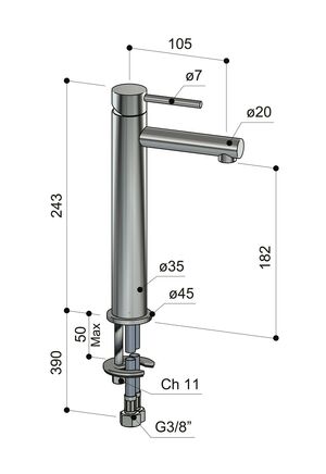Waschtischmischer Waterline W35.H, hohe Ausführung, Edelstahl Inox 316 (V4A), Maße