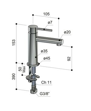 Waschtischmischer Waterline W35 mit Einhebelmischer, Edelstahl Inox 316 (V4A), Maße